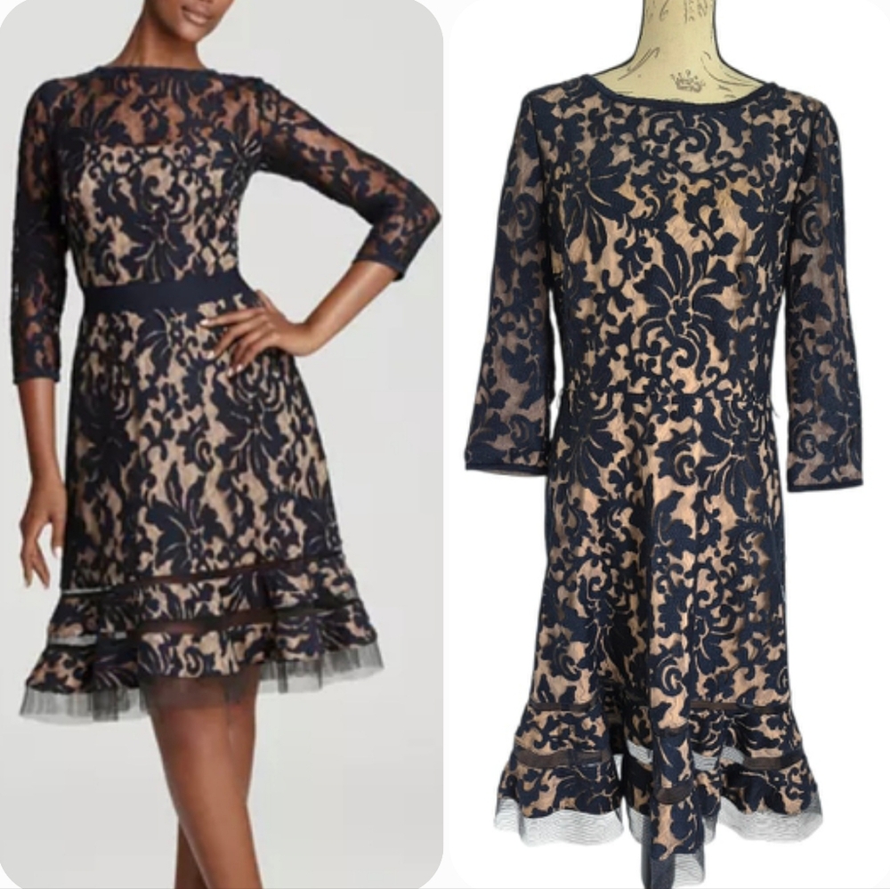 Tadashi Shoji Navy and Nude Lace Fit & Flare Cocktail Dress